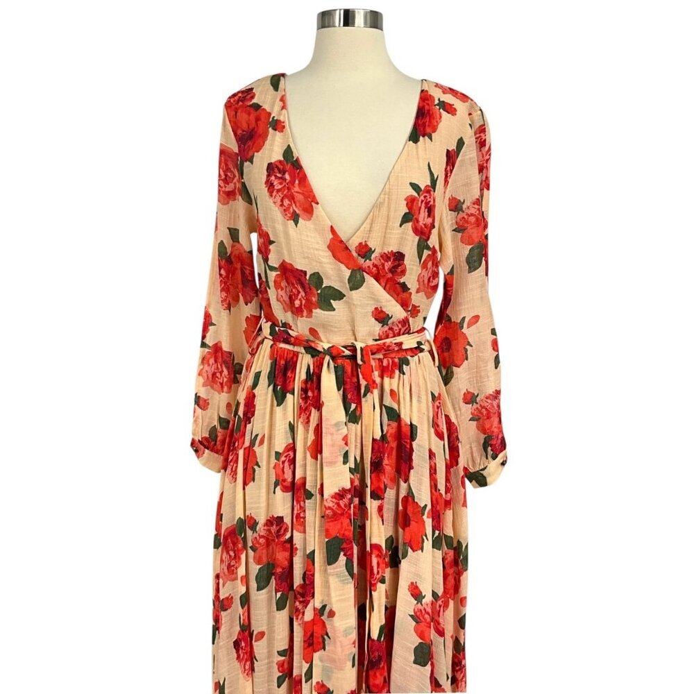 Joyfolie Mia Joy Aniya Dress Red Greta Floral Wrap Maxi Long Sleeve Size S - Picture 2 of 14